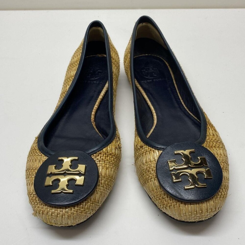 Tory Burch Raffia Ballet Flats – Navy Trim & Gold Logo Size 9